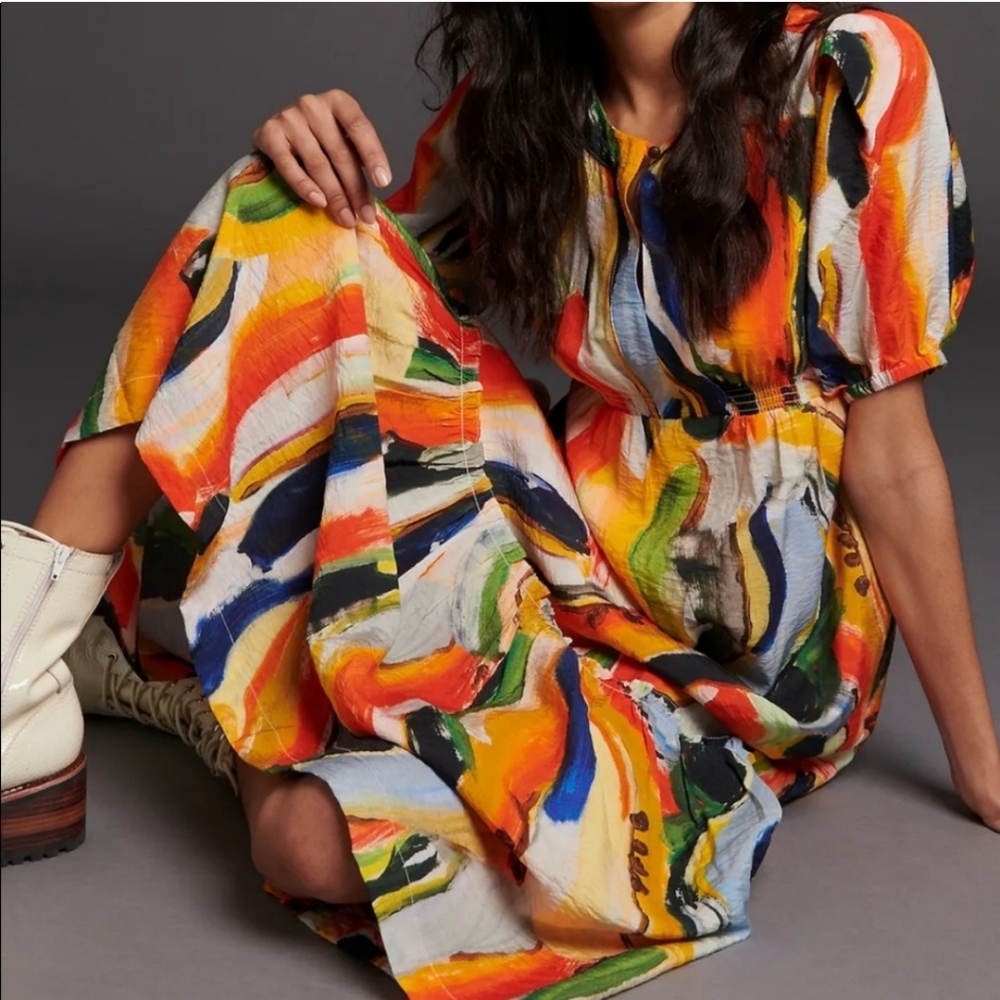 Anthropologie Maeve Suzannah Tiered Multicolor Puff Sleeve Maxi Dress w/Pockets - Picture 15 of 16